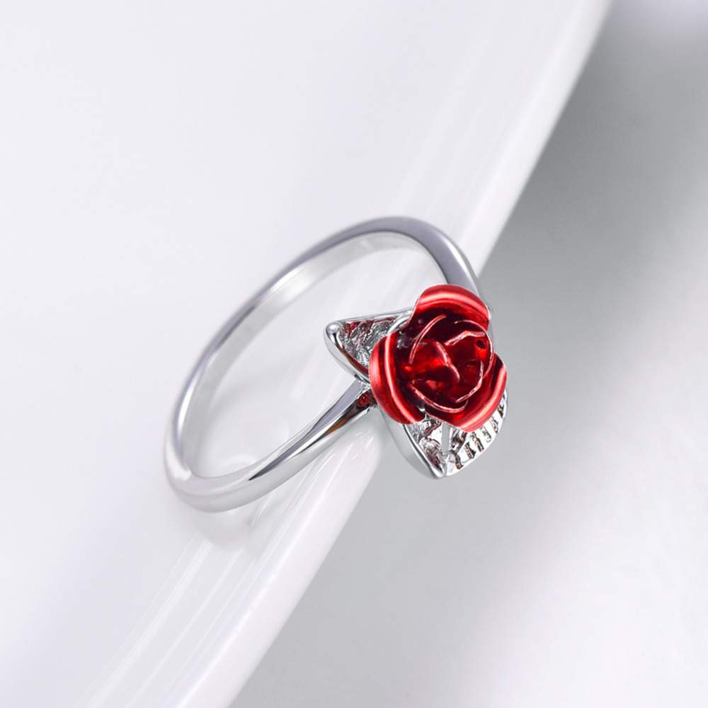 U7 Red Rose Garden Flower Leaves Resizable Finger Rings for Women Valentine's Day Gift Jewelry Hot Sale Open Ring R1019