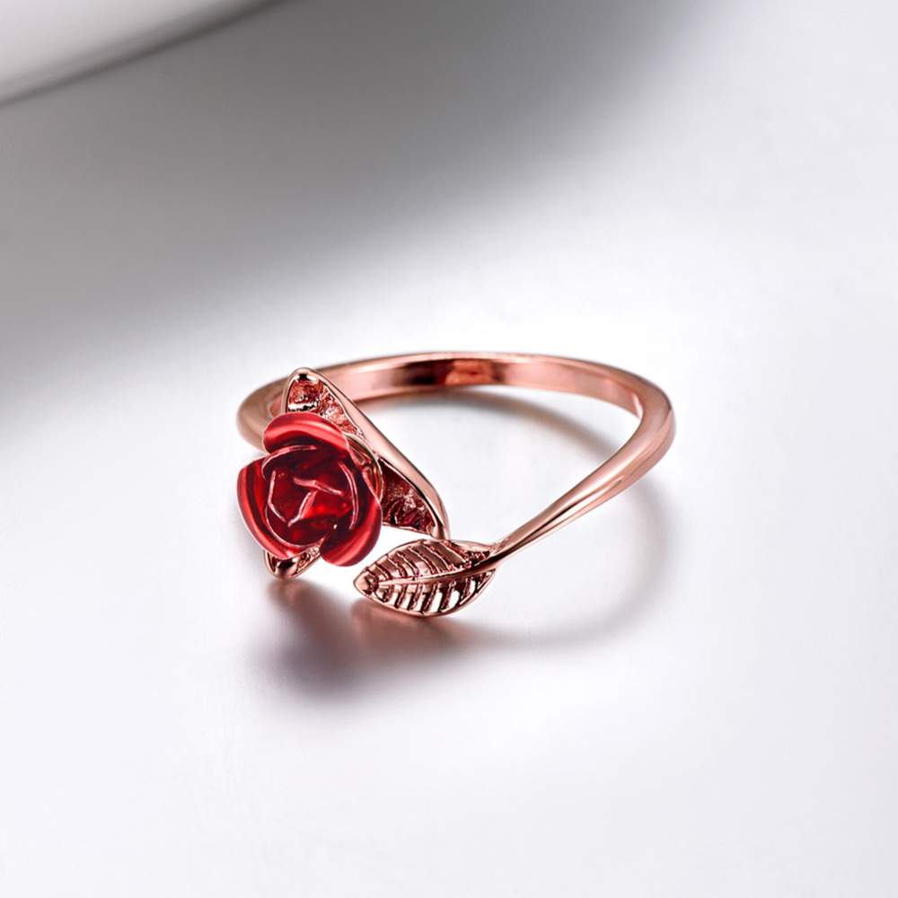 U7 Red Rose Garden Flower Leaves Resizable Finger Rings for Women Valentine's Day Gift Jewelry Hot Sale Open Ring R1019