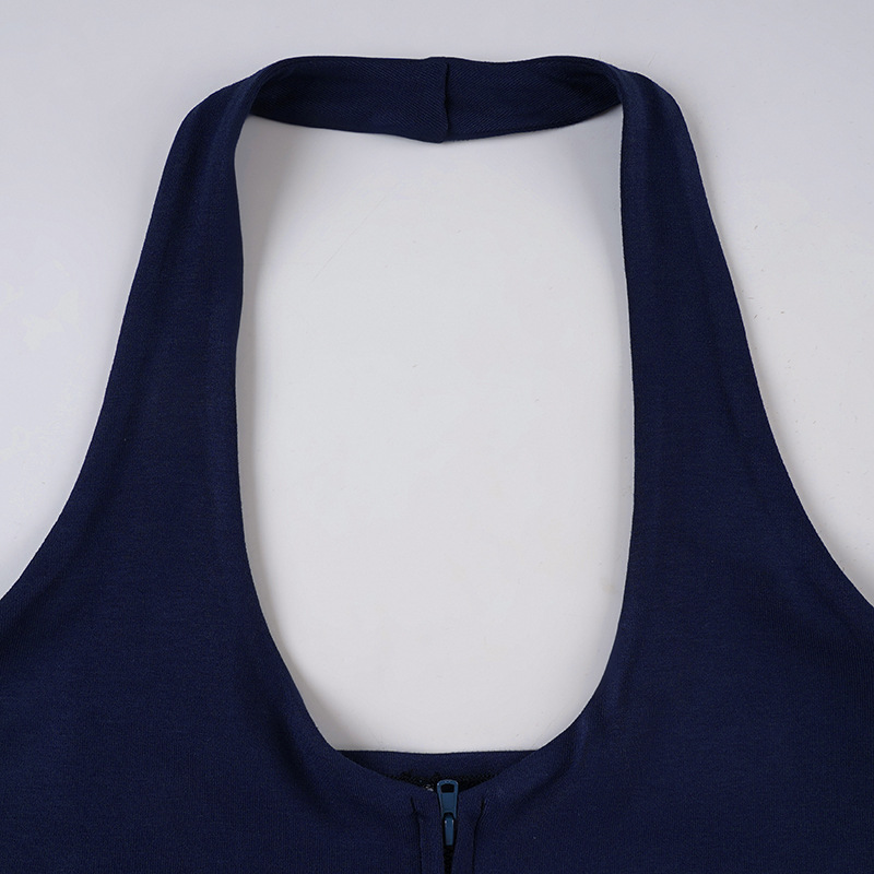 Sexy Low-Cut Zipper Halter Knitted Strap Women's Pure Color Versatile Elegant Slim Top