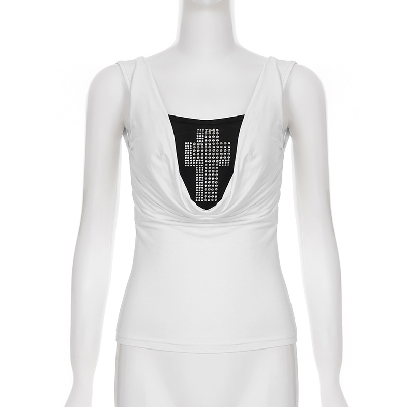 Post-Apocalyptic Style Unique Swing Collar Cross Splicing Sleeveless Top Spicy Girl Color Block Short Fake Two-Piece Knitted Vest