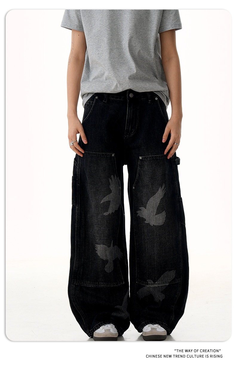 Jeans with Pigeon Pattern for Men and Women, Loose Fit Wide Leg Trousers