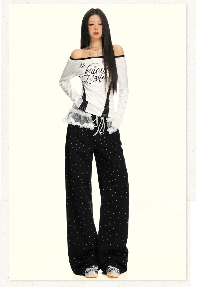 Women's Black and White Polka Dot Slimming Loose Straight Jeans High Waist Wide Leg Pants