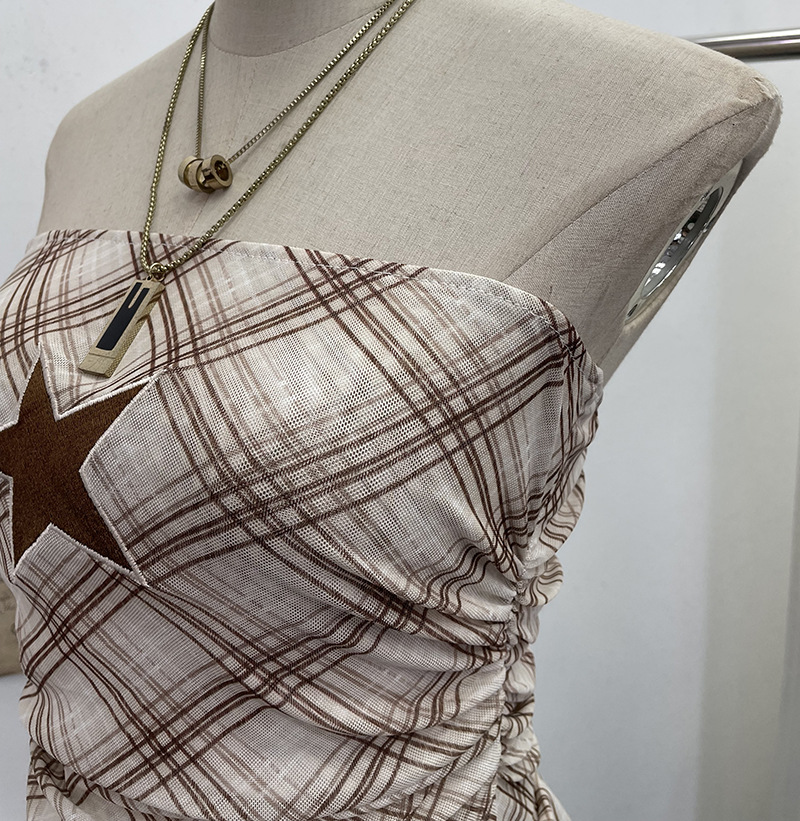 Sultry Asymmetric Plaid Mesh Strapless Top