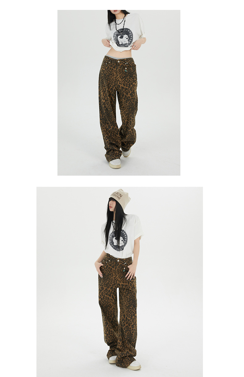 Women's Straight Print Jeans Wide Leg Loose Female Vintage Casual Pants
