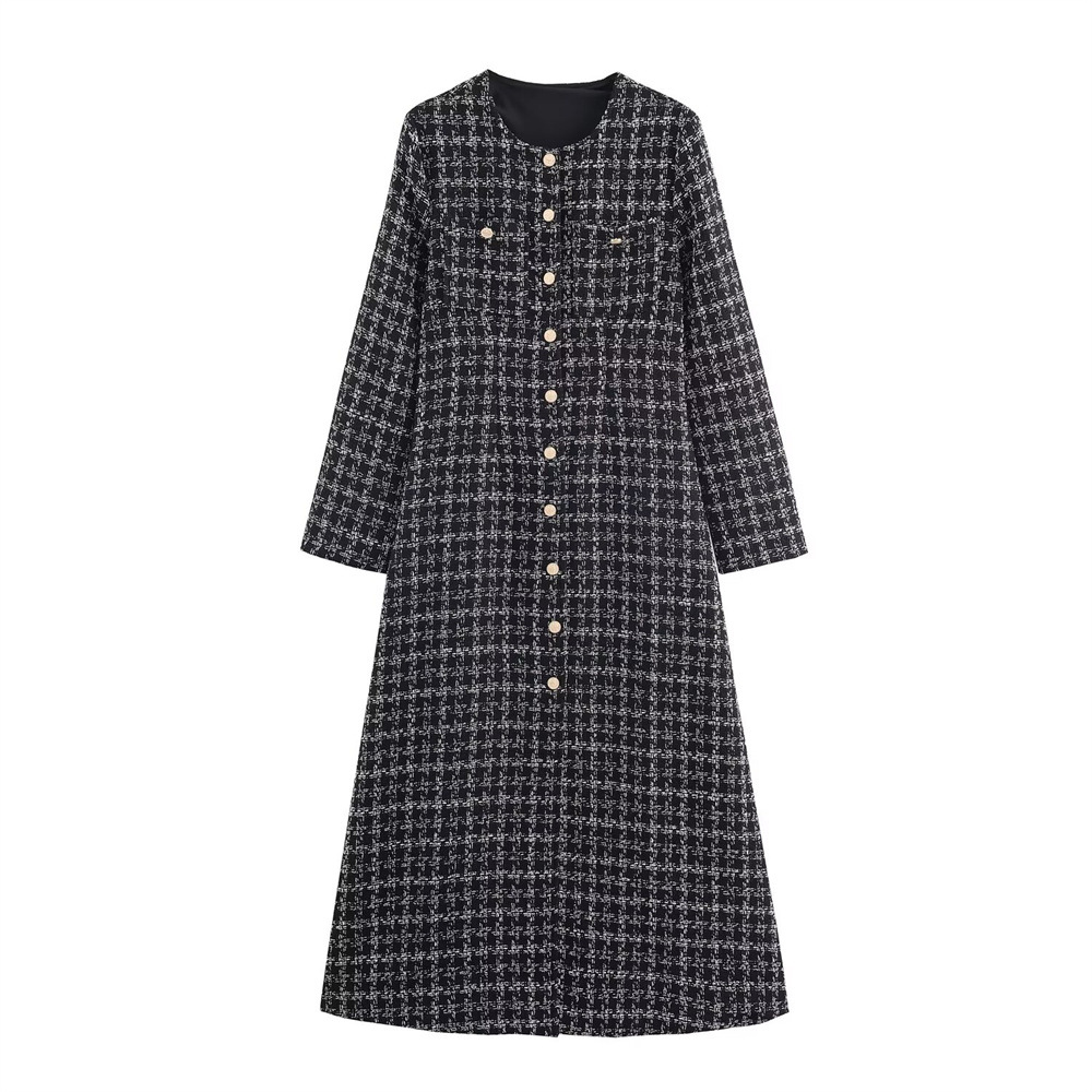 Round neck single breasted plaid woolen dress for women
