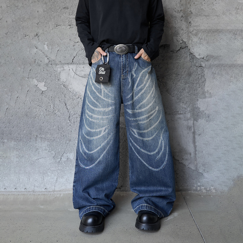 Style Butterfly Cat Whisker Laser-Printed Denim Pants with Unique Design, Wide Leg, Loose Fit, Straight Cut, Oversized Jeans