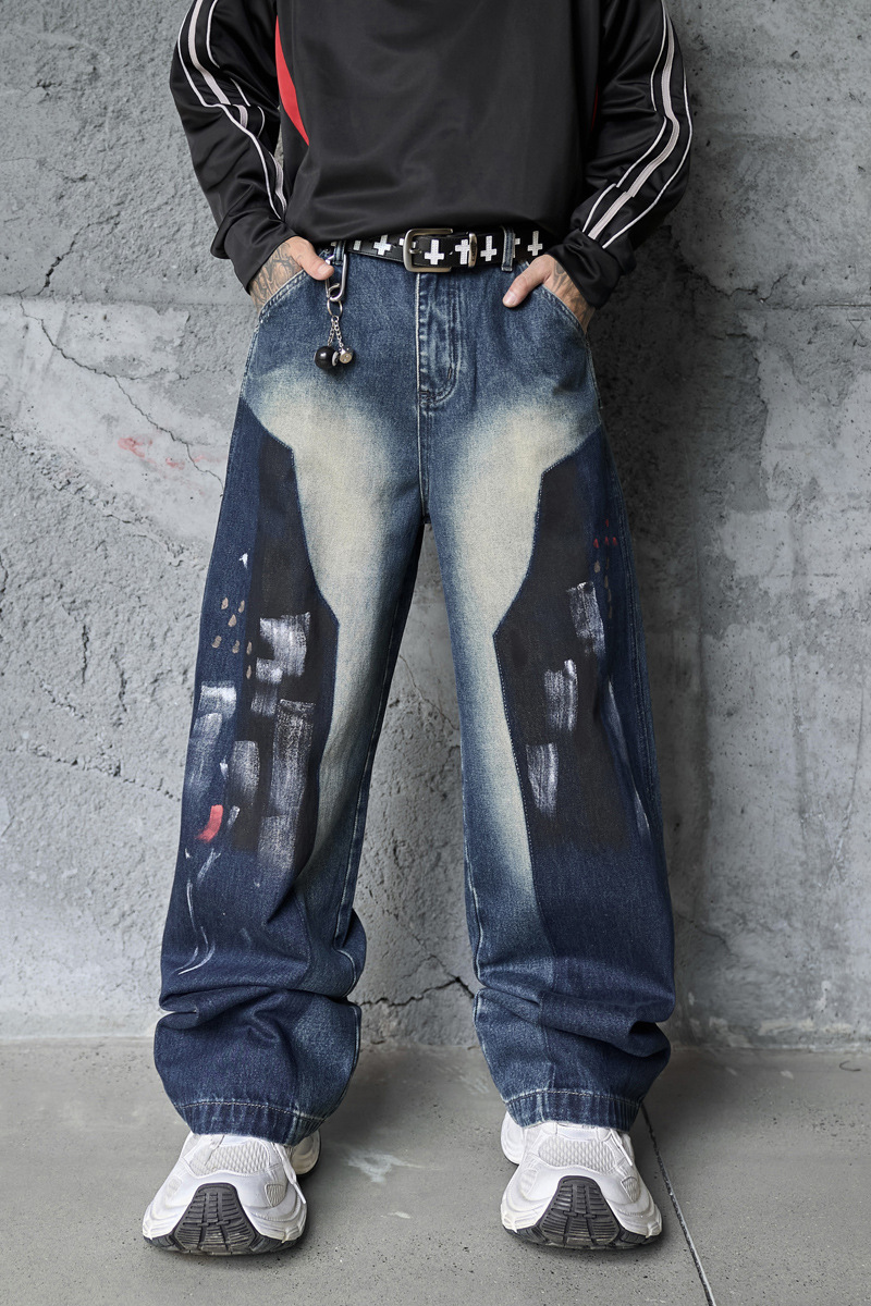 Hip-hop Style Dyed Graffiti Denim Pants for Men and Women, High Street Fashion, Straight Leg, Loose Fit, Casual Long Pants