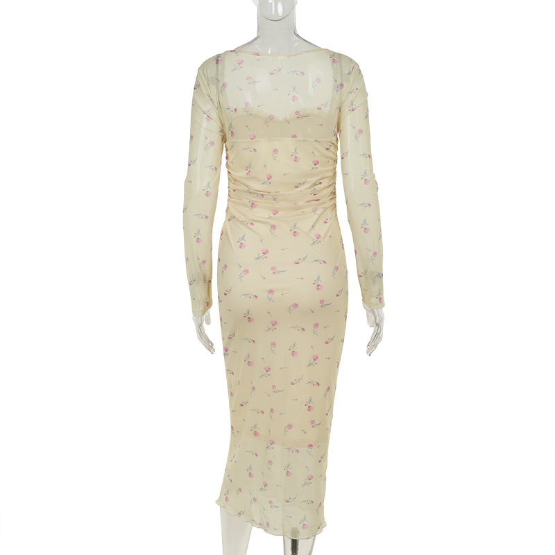 Vintage Square Neck Full-Sleeve Fitted Elastic Polyester Dress