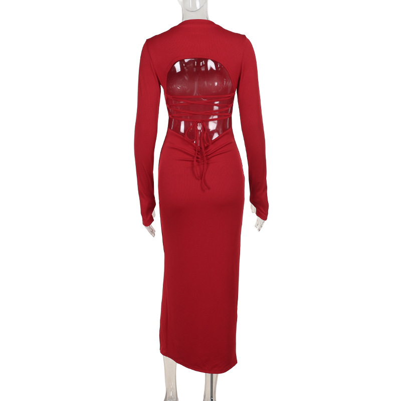 Round Neck Long Sleeve Open Back Polyester Dresses