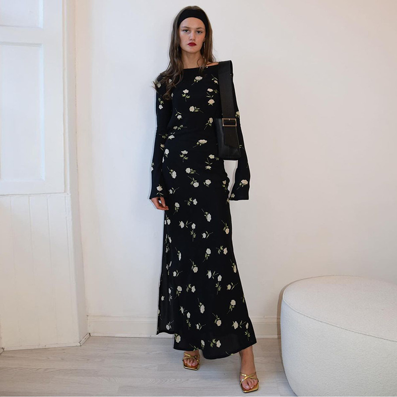 Long One-Shoulder High Waist Patterned Polyester Step-Skirt Dress
