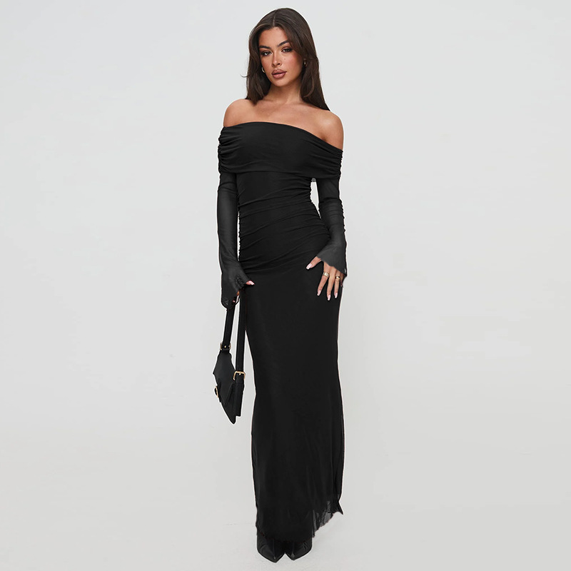 Asymmetric Neckline Three-Quarter Sleeve Polyester Long Mid-Rise Dress