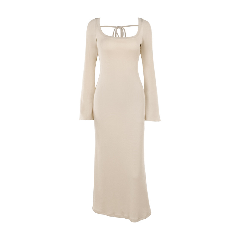 U-Neck High Waist Bodycon Bell Sleeve Maxi Dress
