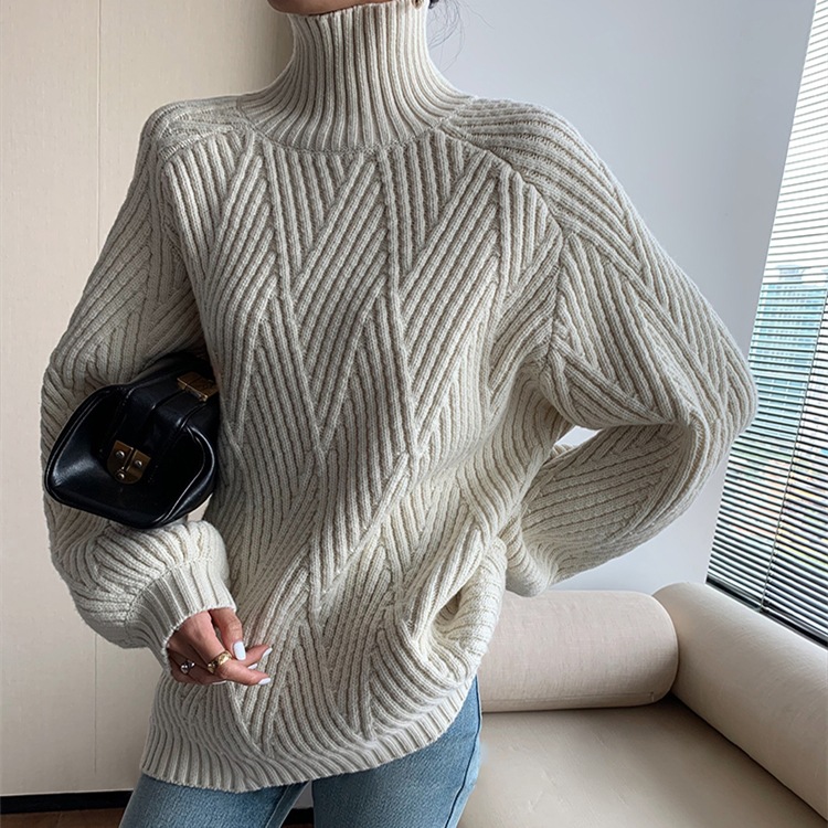 Ladies Polyester Relaxed Fit Patterned High Neck Sweater