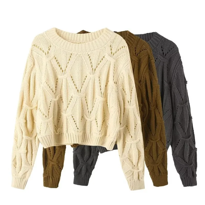 Ladies Relaxed Crew Neck Plain Openwork Sweater
