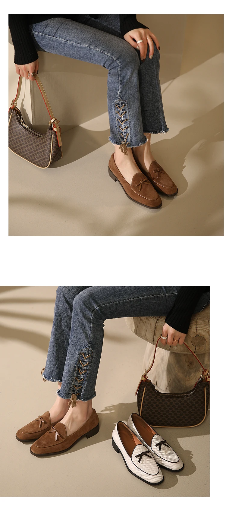 Spring/Autumn Women Loafers Genuine Leather Shoes for Women Round Toe Chunky Heel Shoes Casual Bow-knot Low Heel Women Pumps