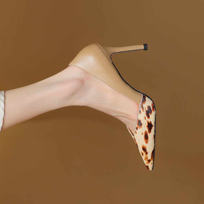 Pointed thin high heels, color blocking horse hair, sexy spicy mom, banquet single shoes for women