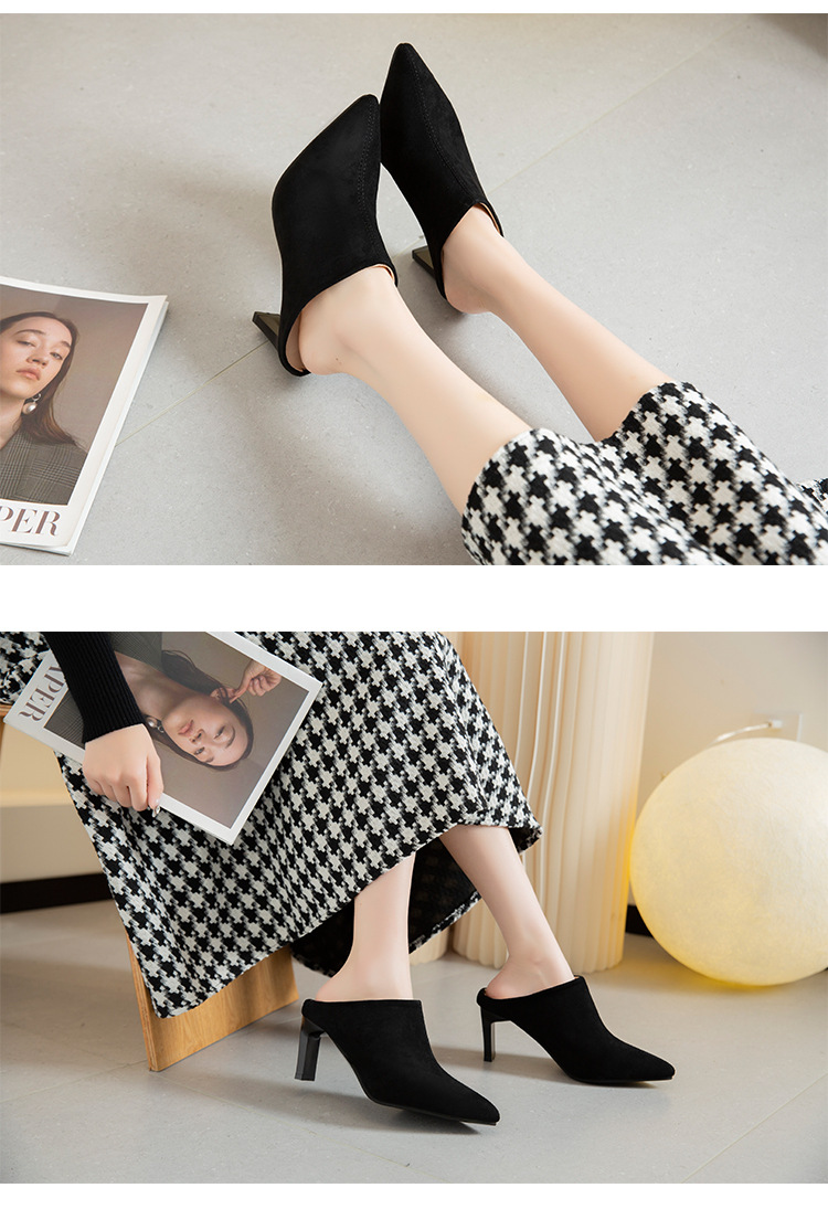 Retro stiletto pointed toe mules for women summer outer wear half slippers