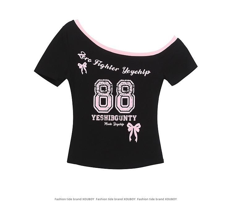 Letter Print Off-Shoulder Short Sleeve T-Shirt for Women Summer