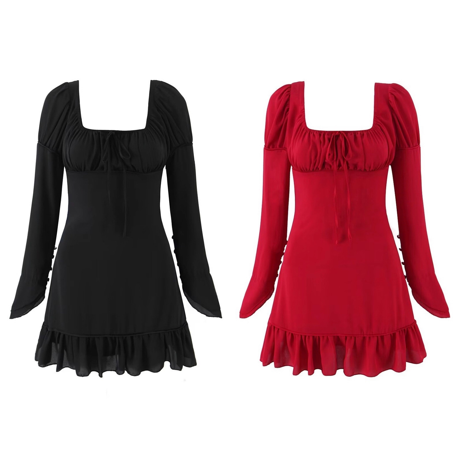 Square collar long sleeved backless black fungus trimmed short dress for women