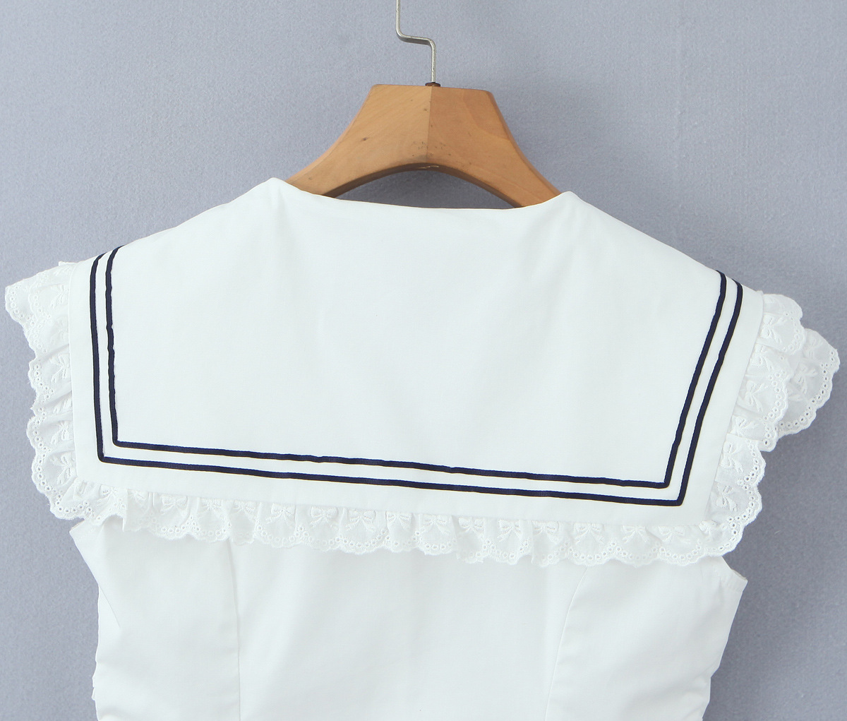 Navy Collar Lace Trim Bow Single Breasted Sleeveless Blouse