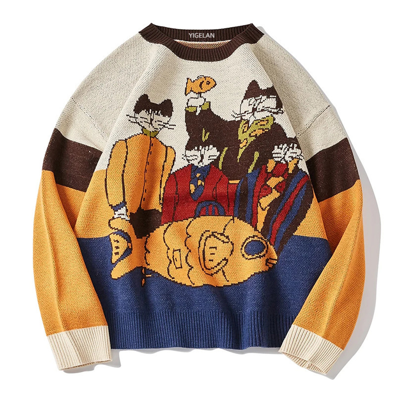 Colorful Feline And Aquatic Print Viscose Sweater