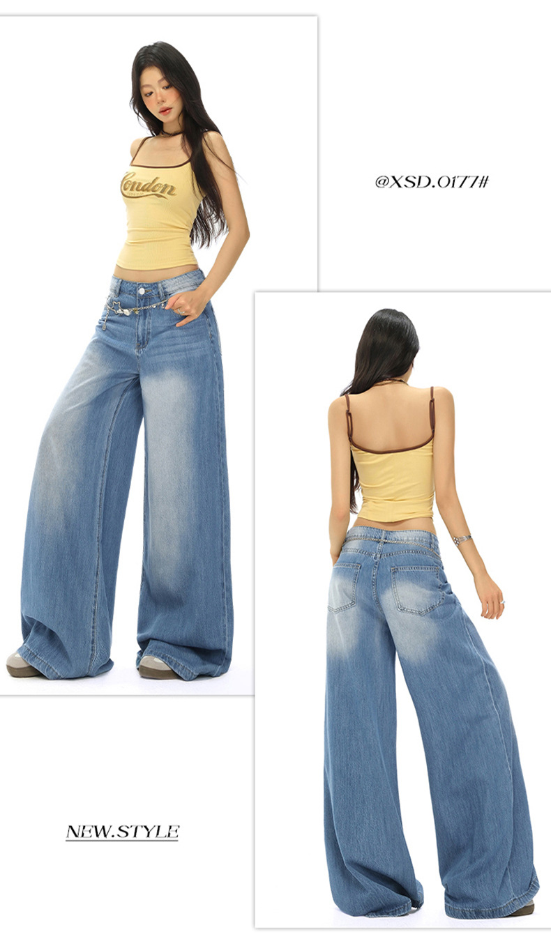 Light Blue High-Waisted Loose Fit Wide-Leg Jeans for Women, Casual Floor-Length Straight Leg Pants