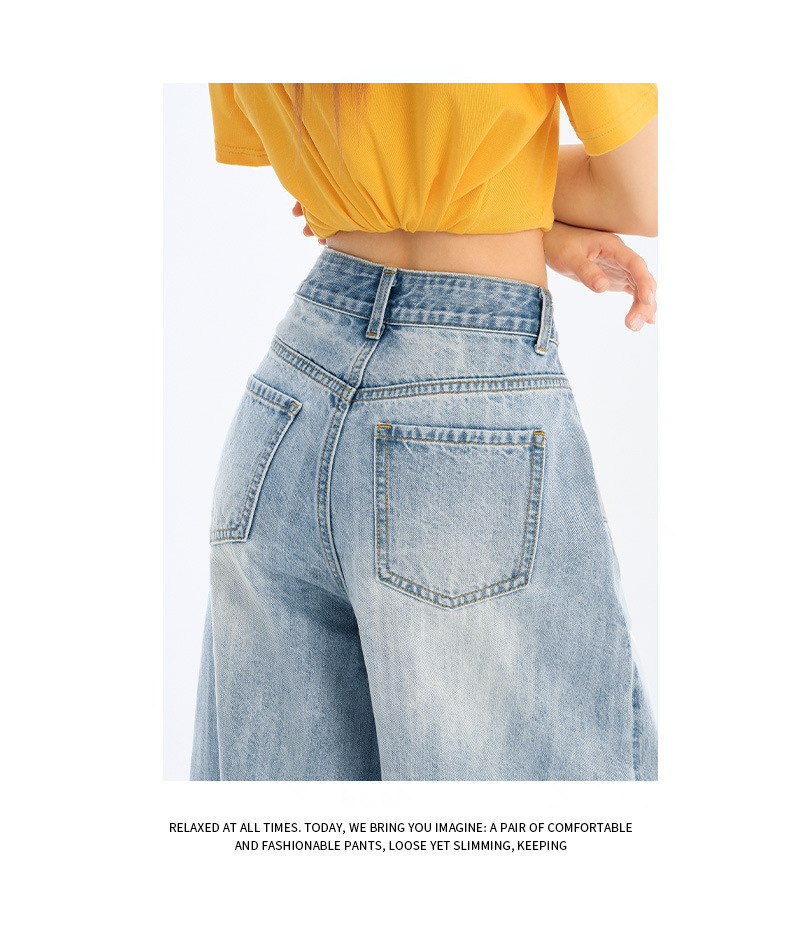 Wide-Leg Seven-Point Denim Pants for Women High-Waist Loose Fit Lazy Style Straight Leg Versatile Mid-Length Trousers