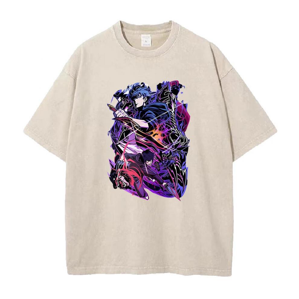 Anime Solo Leveling Printed T-Shirt Summer Cotton Washed Vintage Short Sleeve