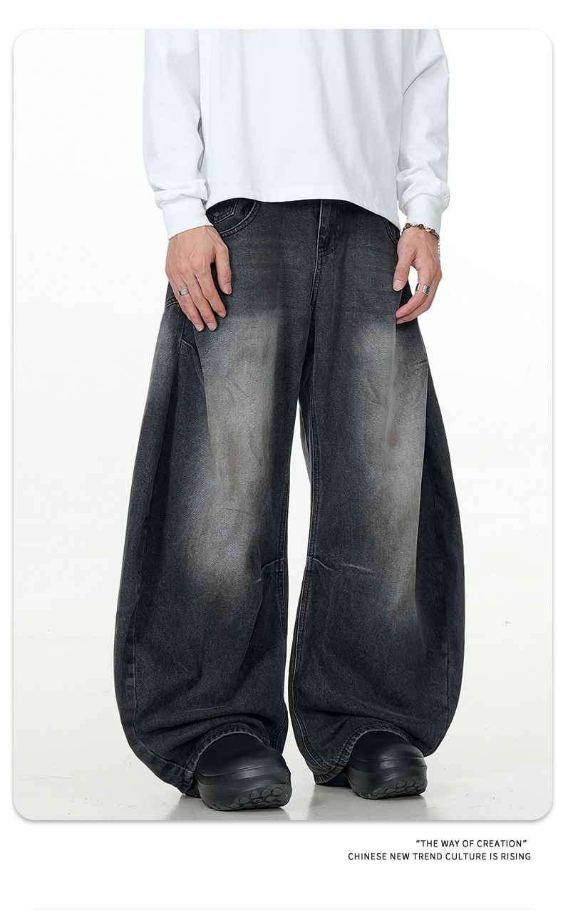 Black Faded Tapered Jeans Slim Baggy Loose Fit Casual Wide Leg Long Pants