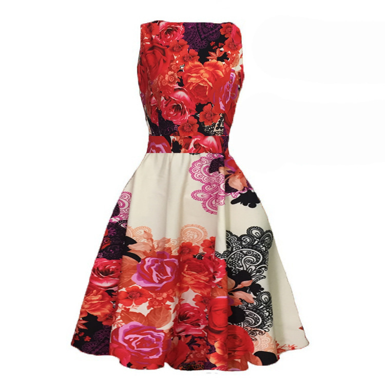 V-Neck Sleeveless High-Rise Flared Vintage Retro Patterned Dress
