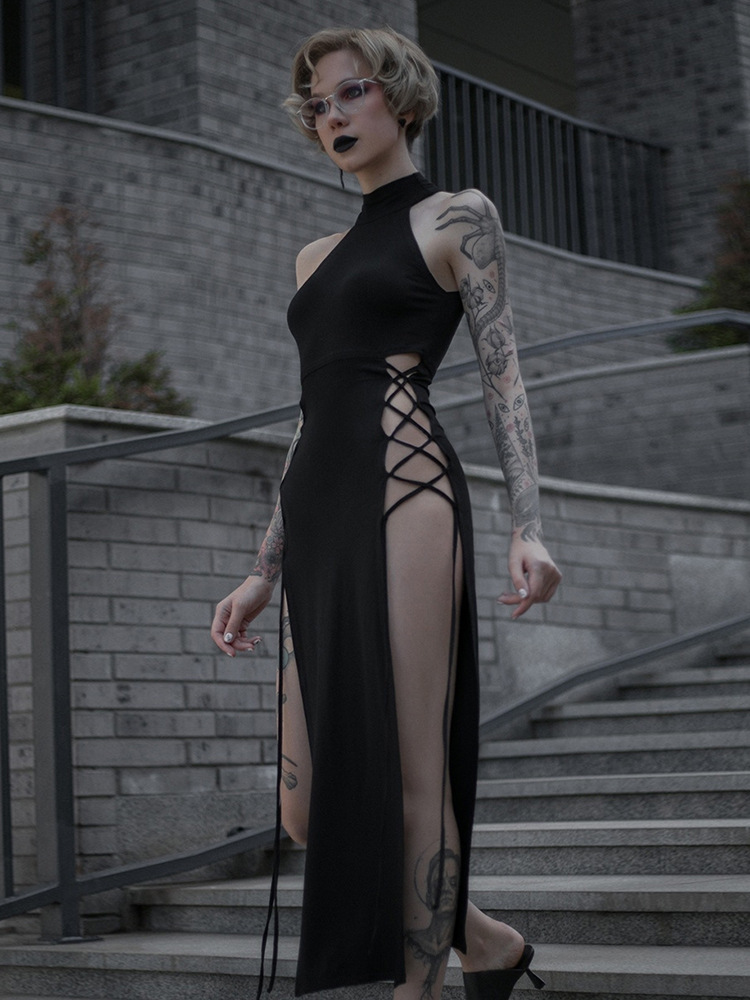 Cowl Cutout High-Waist A-Line Twin Split Dress