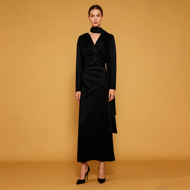Tailored Polyester Maxi Dress with Ruched Bodice