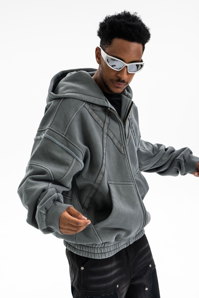 Utility Distressed Cotton Insulated Full-Zipper Embroidery Hoodie