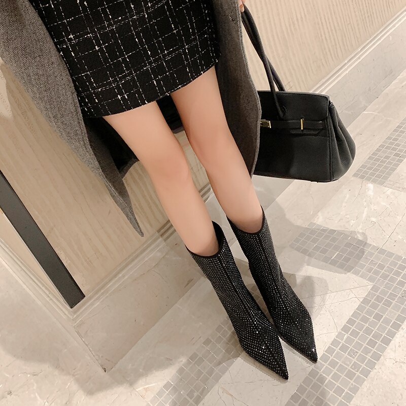 Women's Rhinestone High Heel Booties Fall New Pointed Toe Mid Boots 8.5cm High Heel Black Rhinestone Side Zipper Boots Size 39