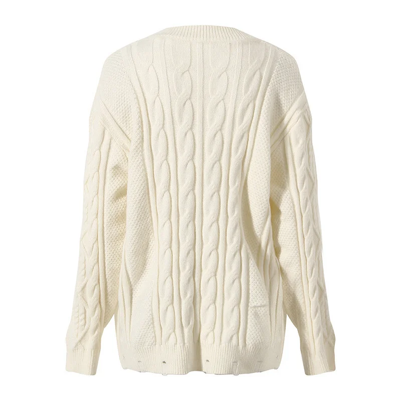 Cream O-Neck Sweater Hollow Bow Gem Link