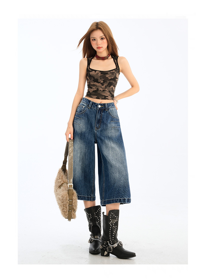 Wide-Leg Seven-Point Denim Pants for Women High-Waist Loose Fit Lazy Style Straight Leg Versatile Mid-Length Trousers