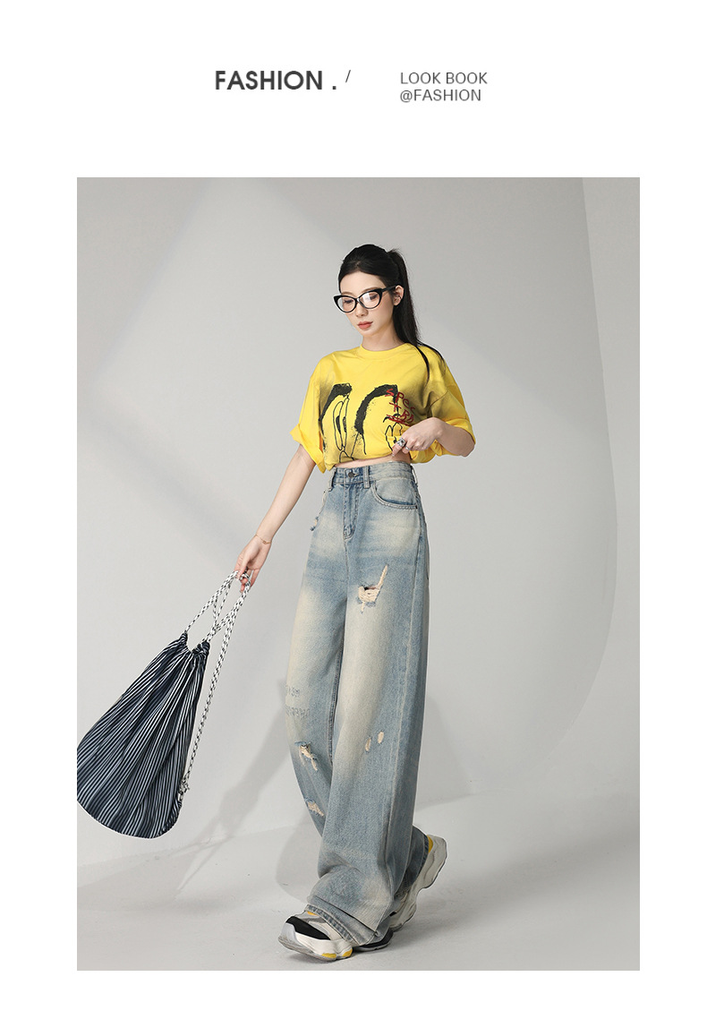 Retro Distressed Washed Ripped Jeans Women Loose High Waist Slim Wide Leg Floor-Length Pants