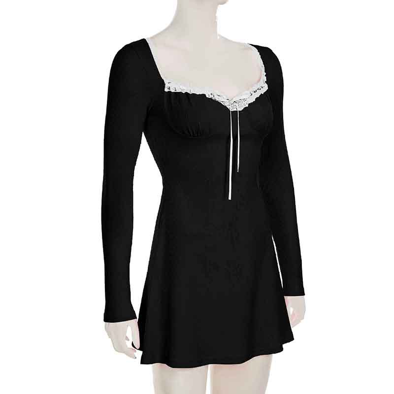 Lace Splicing Pleated Tie V-neck Dress Versatile Slimming Waist Short Skirt