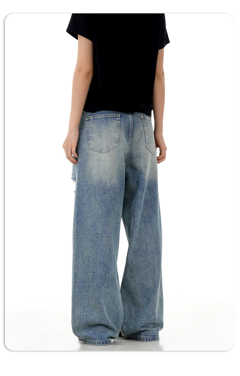 Blue Straight Hole Denim Pants for Men and Women Loose Fit A-Line Wide Leg Casual Long Trousers