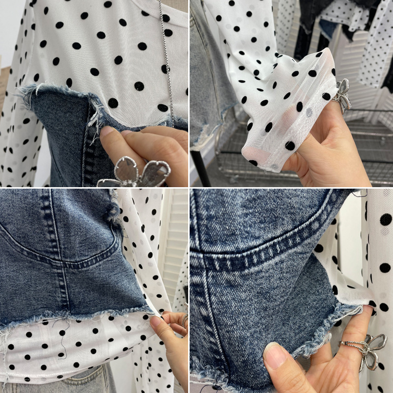 Asymmetric Distressed Jean Tailored Cropped Wrist-Length Tee