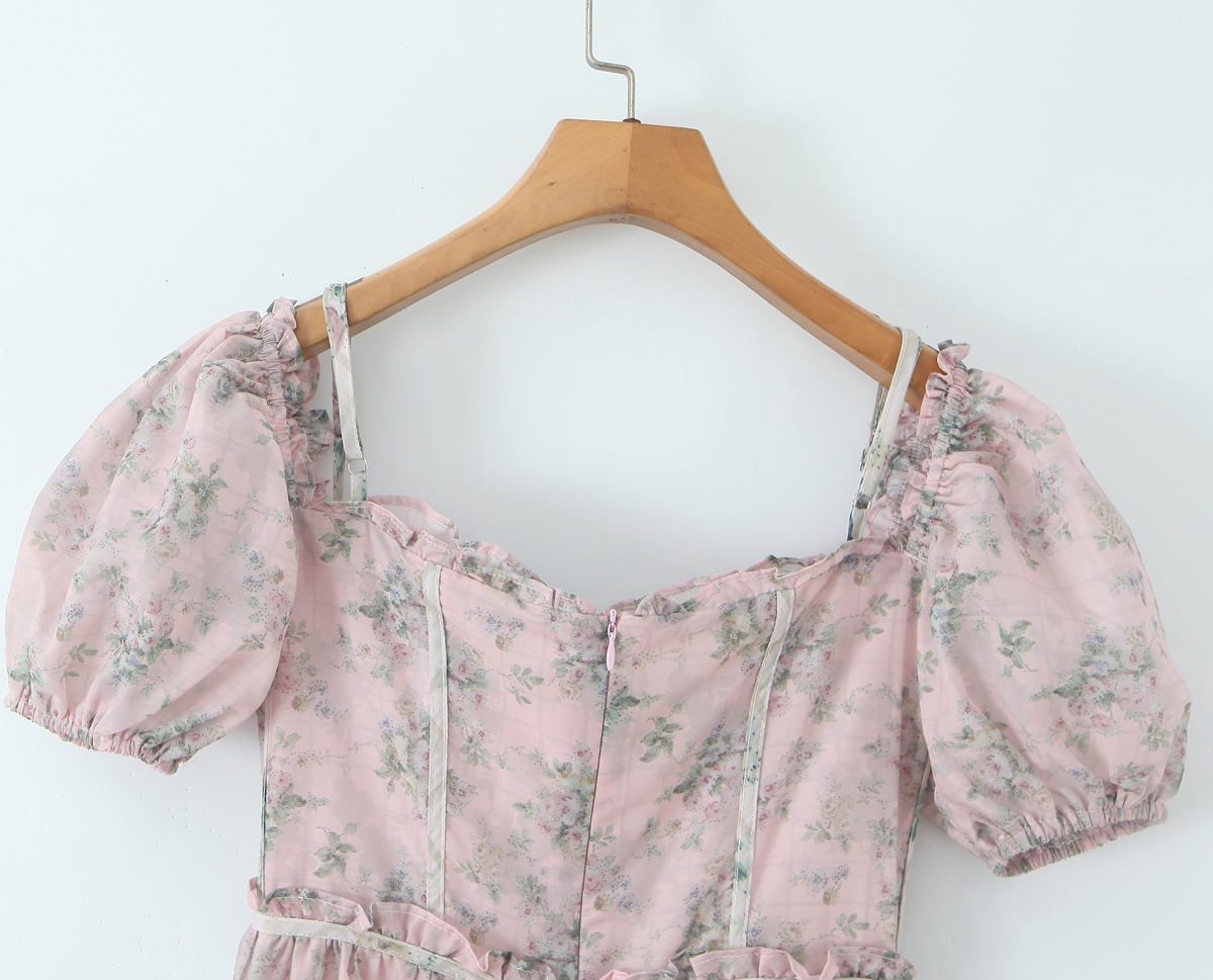 Square Neck Botanical Print Short Puff Resort Dress