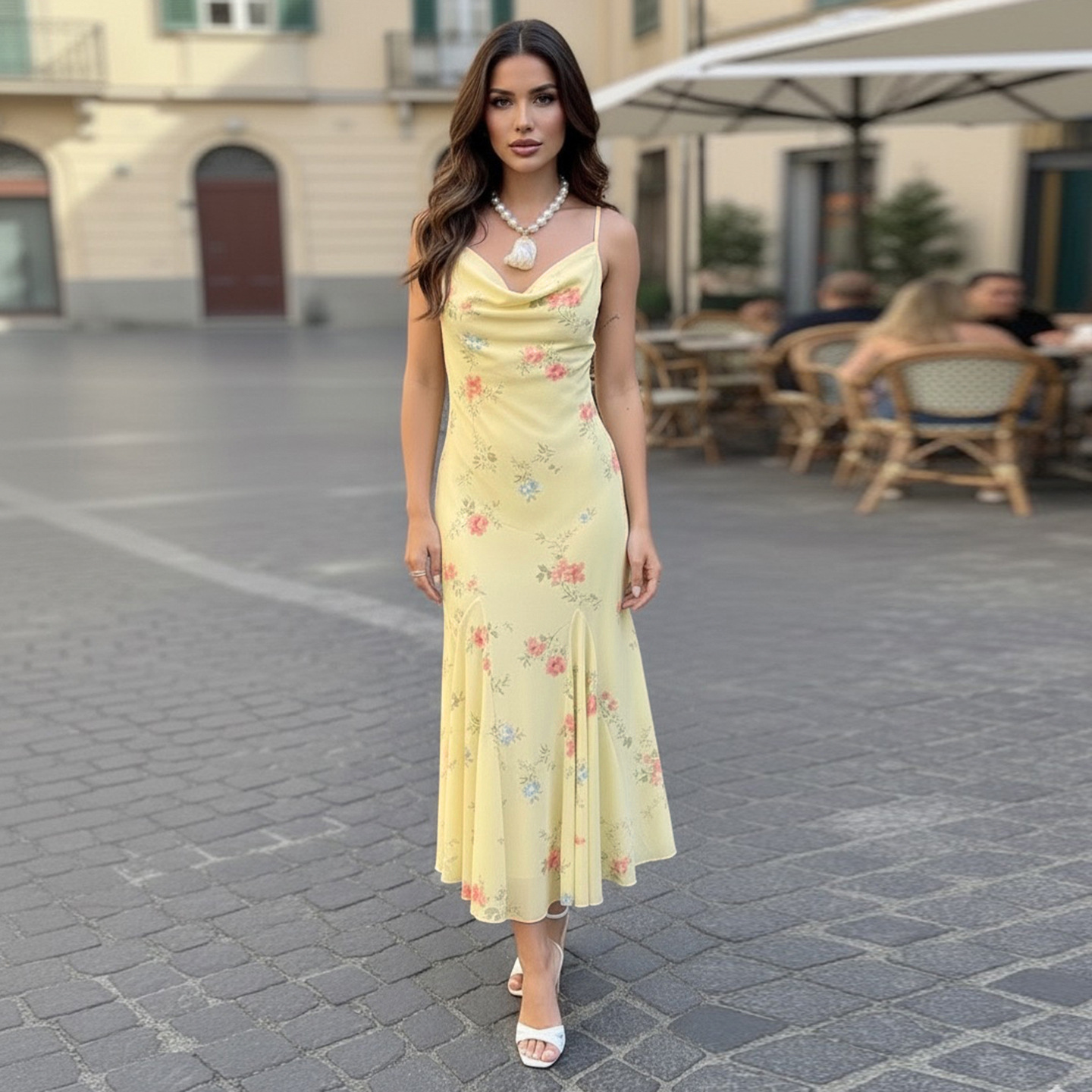 High Waist Draped Garden Print Maxi Dress