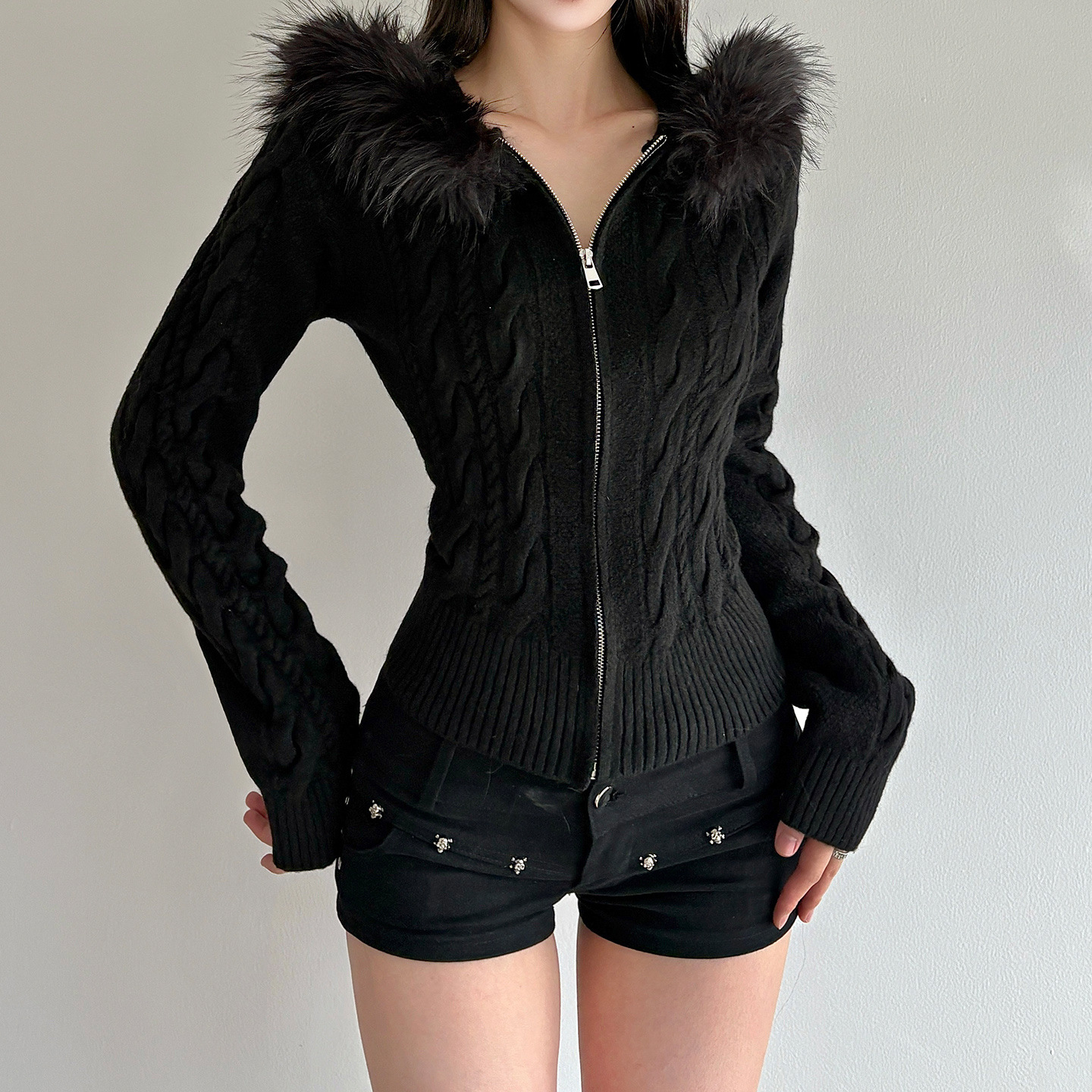 Vintage Herringbone Zip Hood Loose Cardigan