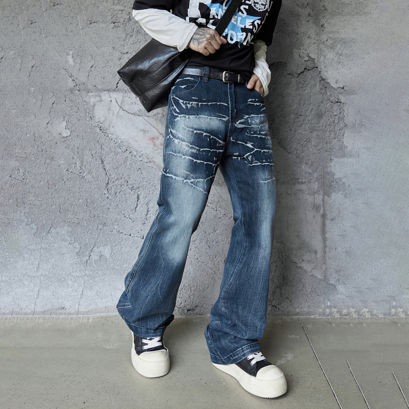 Retro Washed Lightning Pattern Men's Long Pants, INS Autumn Trendy Streetwear, Cool and Versatile Slightly Flared Jeans