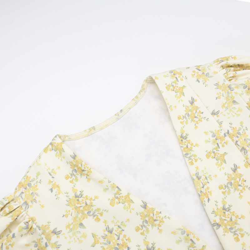 A-Line High Waist Short-Sleeve V Neck Botanical Dress