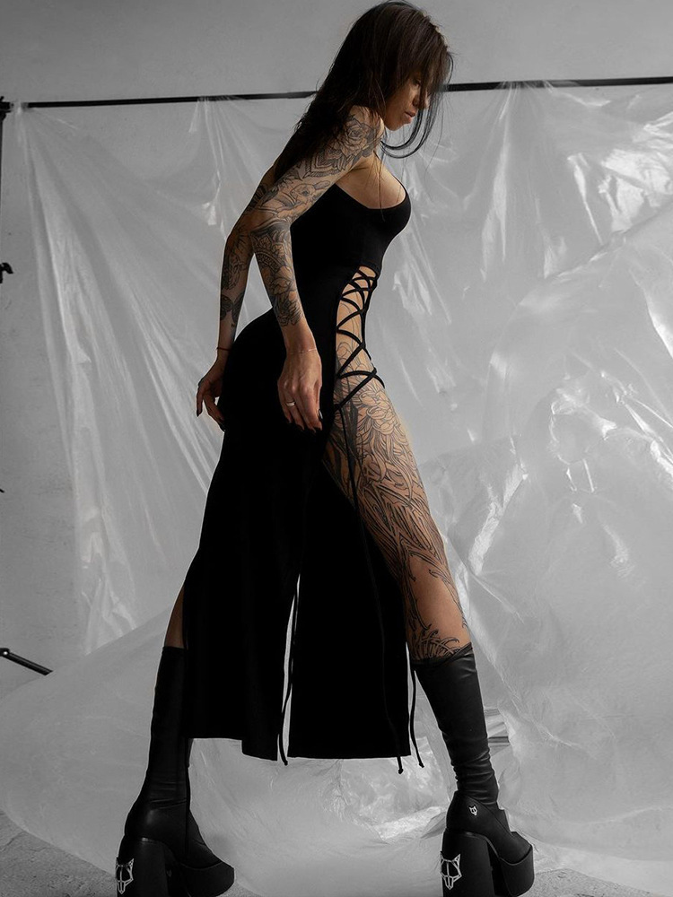 Cowl Cutout High-Waist A-Line Twin Split Dress