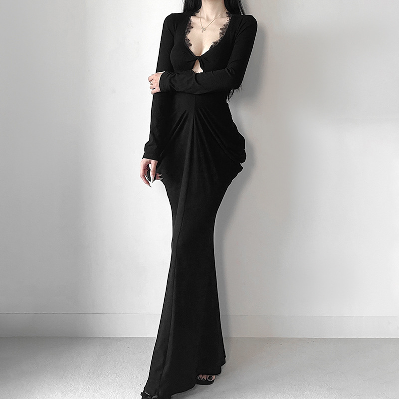 Plunging Neckline Long Sleeve Bodycon Dress