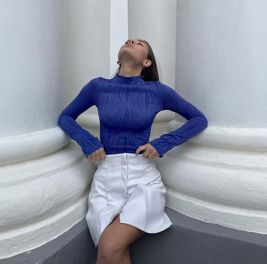 Ladies Navy Turtleneck Fitted Jersey Knit Pullover