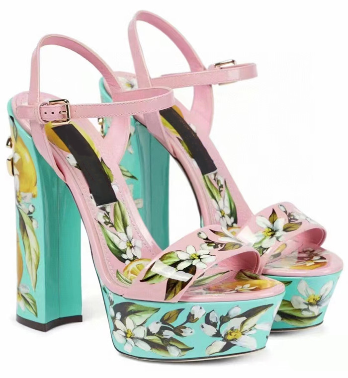 Newest Floral Printed Sandals Summer Sexy Platform Chunky Heels Women Shoes Ankle Strap Gladiator Sandals