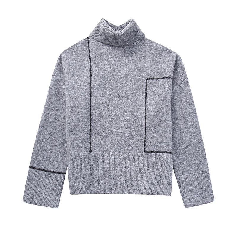 Ladies Geometric Slouchy Knit Mock Neck Pullover